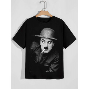 Tricou cu Charlie Chaplin în pălărie și cu țigară